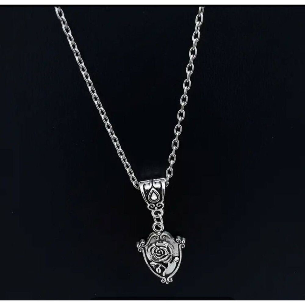Small 2D Rose Shield Pendant on 16" Fine Silver Chain Necklace